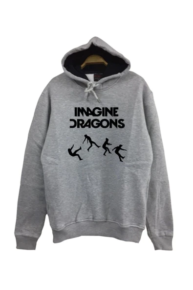 fame-stoned  Imagine Dragons Baskılı Kapüşonlu %100 Pamuk Gri Sweatshirt