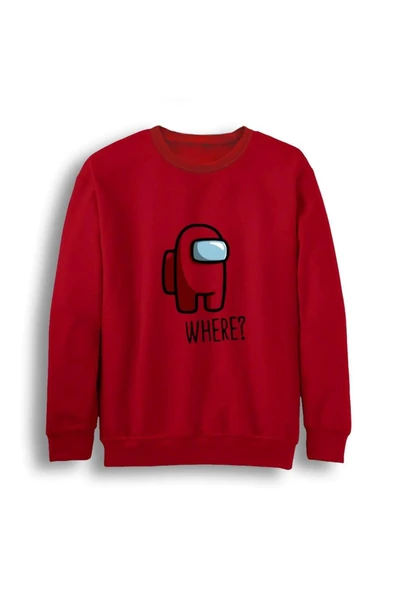 fame-stoned  Erkek Kırmızı Among Us Baskılı Bisiklet Yaka Sweatshirt ürün görseli