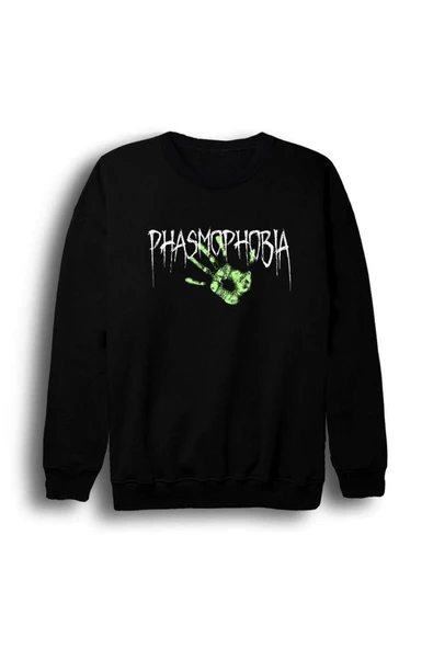 fame-stoned  Unisex Siyah Phasmophobia Baskılı Bisiklet Yaka Sweatshirt