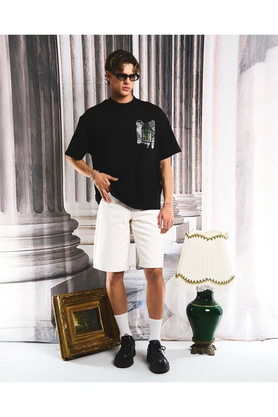 fame-stoned  Pencere Aplikeli Unisex %100 Pamuk Oversize Siyah T-shirt - 1
