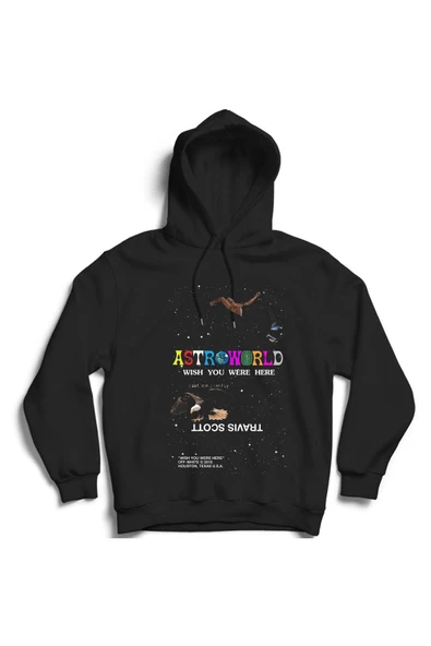 fame-stoned  Unisex Siyah Astroworld Travis Scott Baskılı Kapüşonlu Sweatshirt ürün görseli