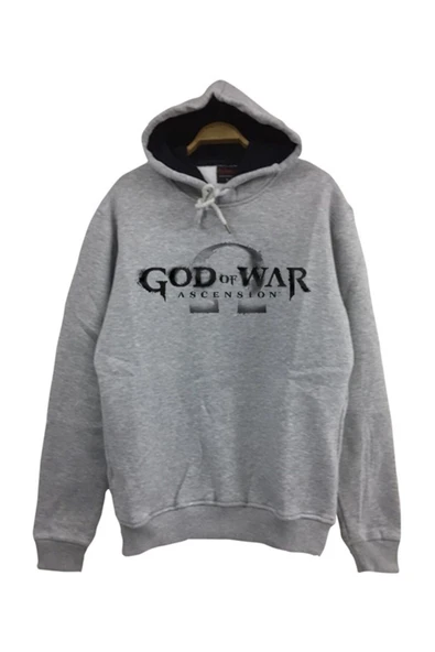 fame-stoned  God Of War Baskılı Unisex %100 Pamuk Kapüşonlu Gri Sweatshirt ürün görseli