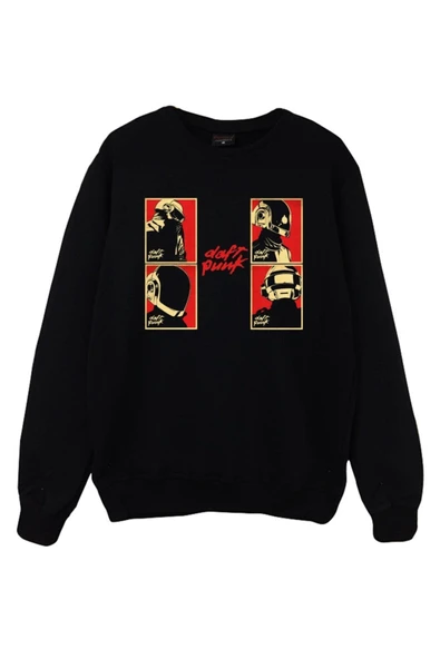 fame-stoned  Daft Punk Baskılı Unisex %100 Pamuk Siyah Bisiklet Yaka Sweatshirt
