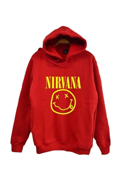 fame-stoned  Nirvana-kurt Cobain Baskılı Kapüşonlu %100 Pamuk Kırmızı Sweatshirt ürün görseli