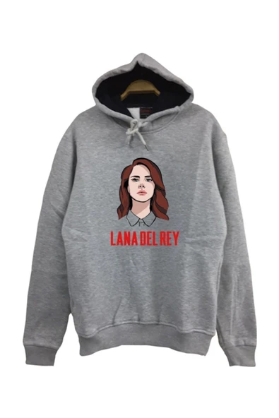 fame-stoned  Lana Del Rey Baskılı Kapüşonlu %100 Pamuk Gri Sweatshirt