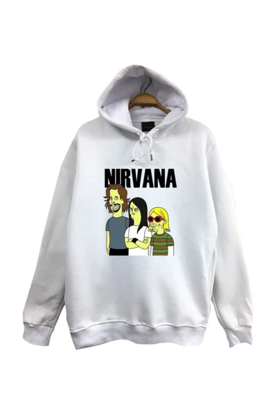 fame-stoned  Nirvana-kurt Cobain Baskılı Kapüşonlu %100 Pamuk Beyaz Sweatshirt ürün görseli 1