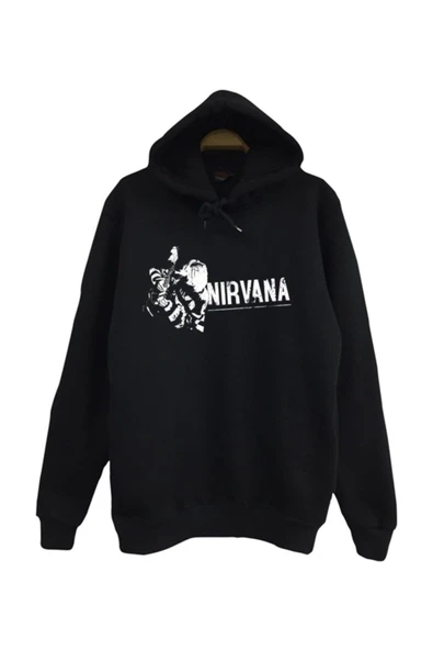 fame-stoned  Nirvana-kurt Cobain Baskılı Kapüşonlu %100 Pamuk Siyah Sweatshirt ürün görseli