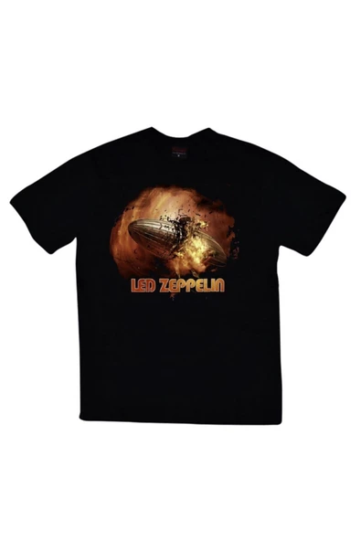 fame-stoned  Led Zeppelin Baskılı Unisex %100 Pamuk Siyah T-shirt
