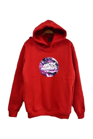 fame-stoned  Arctic Monkeys Baskılı Kapüşonlu Unisex %100 Pamuk Kırmızı Sweatshirt