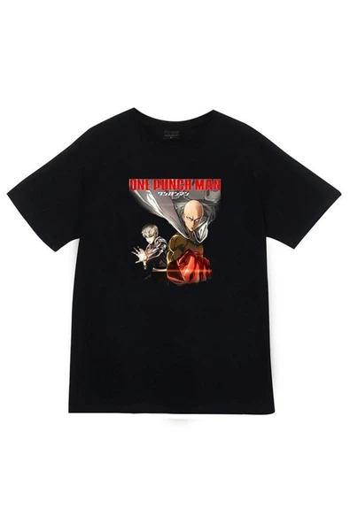 fame-stoned  One Punch Man Anime Baskılı Unisex %100 Pamuk Siyah T-shirt