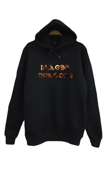 fame-stoned  Imagine Dragons Baskılı Kapüşonlu %100 Pamuk Siyah Sweatshirt ürün görseli