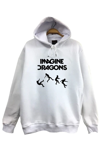 fame-stoned  Imagine Dragons Baskılı Kapüşonlu %100 Pamuk Beyaz Sweatshirt
