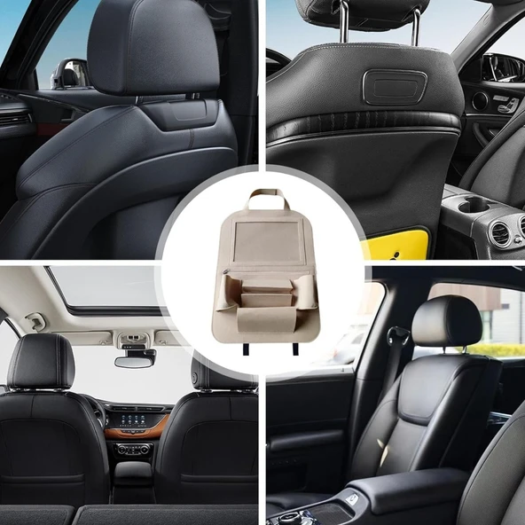 Glanz Araç Koltuk Arkası Organizer Bej Oto Tablet Telefon Tutucu Araba İçi Düzenleyici - 4