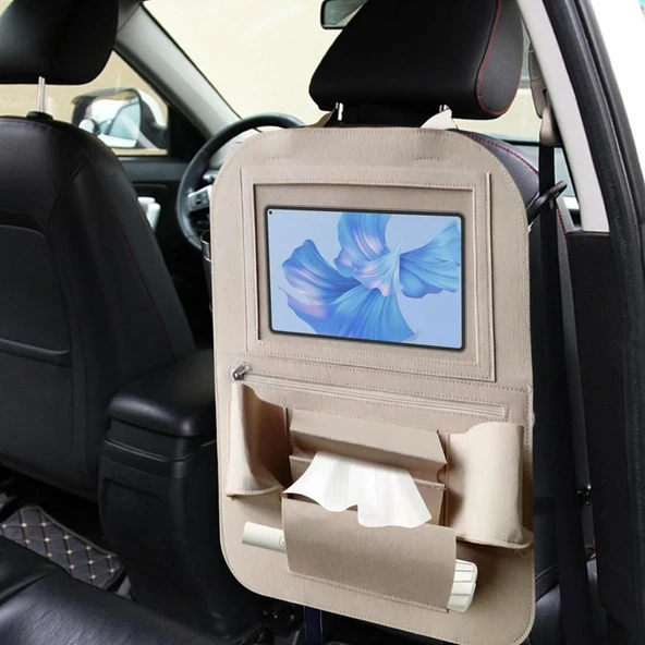 Glanz Araç Koltuk Arkası Organizer Bej Oto Tablet Telefon Tutucu Araba İçi Düzenleyici - 2