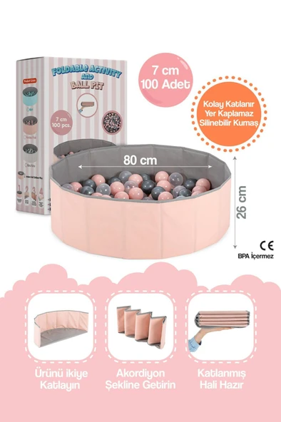 Katlanabilir Aktivite ve Top Havuzu - Pembe 80x26 cm Silinebilir Kumaşlı