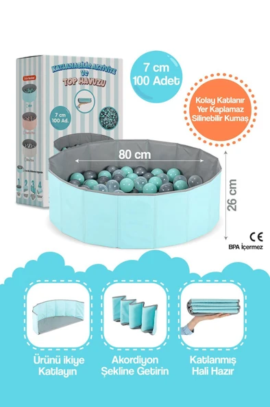 Katlanabilir Aktivite ve Top Havuzu - Mint 80x26 cm Silinebilir Kumaşlı