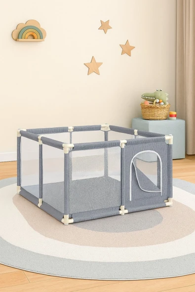 Gri Kare Bebek Oyun Alanı Katlanabilir, Fileli Ve Taşınabilir Oyun Parkı 120x120x66 Cm