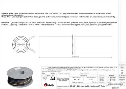 Ibras 68771  Benzin Hortumu Içten Örgülü 12.0 Mm X 18.0 Mm Nbr-Cr-E Tipi Makaralı