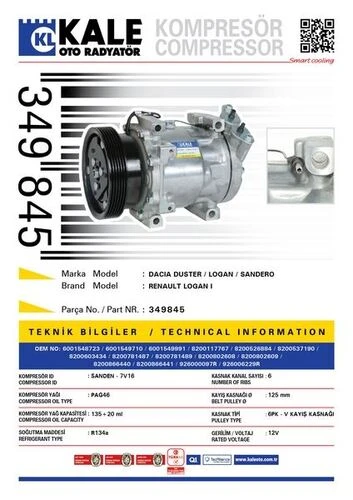 Kale 349845  KLİMA KOMPRESÖRÜ DACIA LOGAN 1.4-1.6-1.5DCİ 05- SAND ürün görseli 1