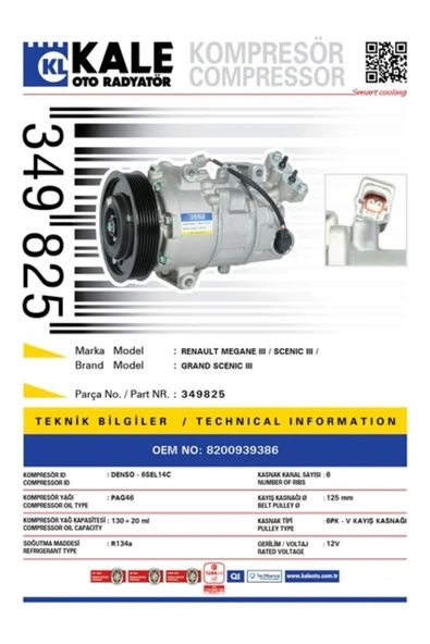 Kale 349825 Klima Kompresörü Mgn Iıı Fluence Kng Iıı ürün görseli 1