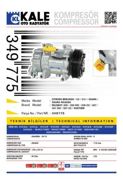 Kale 349775  KLİMA KOMPRESÖRÜ BERLINGO-PARTNER 1.4-1.6 16V 96-C2 ürün görseli 1