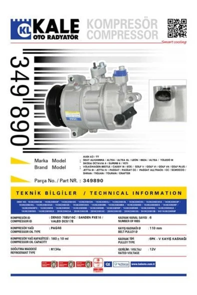 Kale 349890  KLİMA KOMPRESÖRÜ A3 1.6 TDI-1.9 TDI-2.0 TFSI (03-12) ürün görseli 1