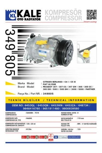 Kale 349805  KLİMA KOMPRESÖRÜ P307-P607-P807-PARTNER-BERLINGO-C8-C ürün görseli 1