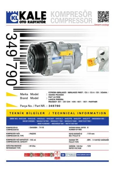 Kale 349790  KLİMA KOMPRESÖRÜ P307-P607-P807-PARTNER-BERLINGO-C8-C ürün görseli 1