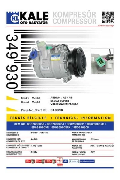 Kale 349930  KLİMA KOMPRESÖRÜ A4 1.6-1.8T-2.4-2.6(94-04) A6 2.4-2. ürün görseli 1