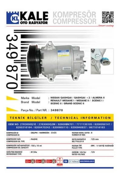 Kale 349870  KLİMA KOMPRESÖRÜ MGN II-SCENIC II 1.4-1.6-1.5 DCI 03= ürün görseli 1