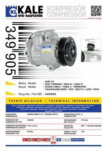 Kale 349905  KLİMA KOMPRESÖRÜ A2 1.4-1.2TDI-1.4TDI (00-05) CORDOBA ürün görseli 1