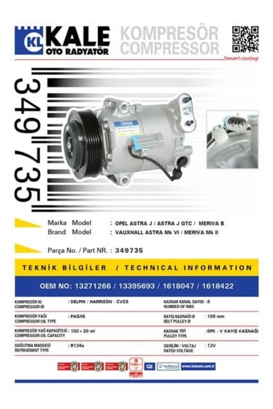 Kale 349735  KLİMA KOMPRESÖRÜ ASTRA J-MERIVA 1.3CDTi-1.7CDTi 09- ürün görseli 1