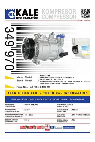 Kale 349970  KLİMA KOMPRESÖRÜ 2013-GOLF 7-A3-OCTAVIA-LEON ürün görseli 1
