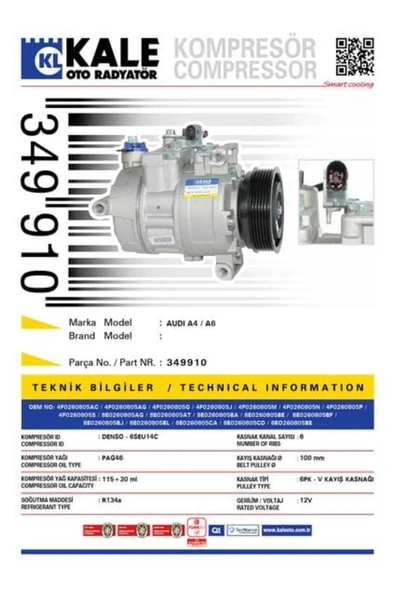 Kale 349910  KLİMA KOMPRESÖRÜ A4 1.6-1.8-2.0-1.9TDİ-2.7TDI-3.0TDI( ürün görseli 1