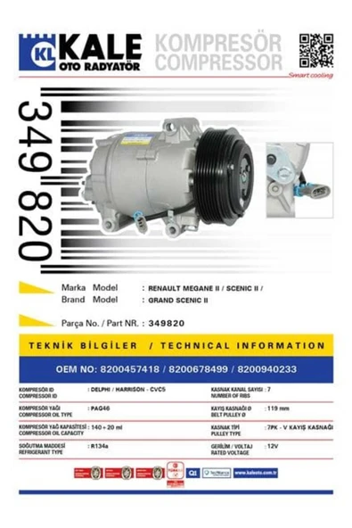 Kale 349820  KLİMA KOMPRESÖRÜ MGN II-GRAND SCENIC II 1.9 DCİ-2.0 K ürün görseli 1