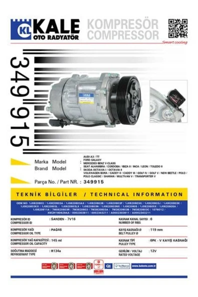 Kale 349915  KLİMA KOMPRESÖRÜ A3 1.6-1.8 T 1.9 TDI (96-03)IBIZA II