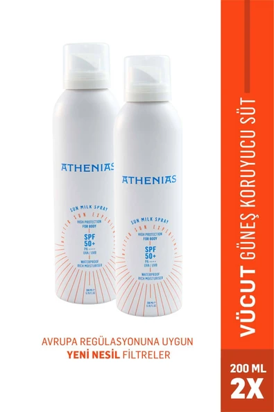ATHENİAS Sun Milk Spray SPF50+ Tüm Cilt Tipleri Uva Uvb Yüksek Korumalı güneş kremi 200 mlx 2 Adet