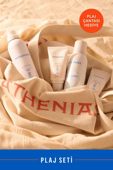 ATHENİAS Plaj Güneş Koruma Seti Vücut Güneş Sütü + Yüz Güneş Kremi + After Sun +Onarıcı Balm+Çanta