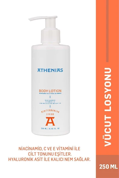 ATHENİAS Niacinamide, E Ve C Vitamini İçeren Vücut Losyonu 250 ml Uzun Süre Nem Cilt Tonu Eşitleyici