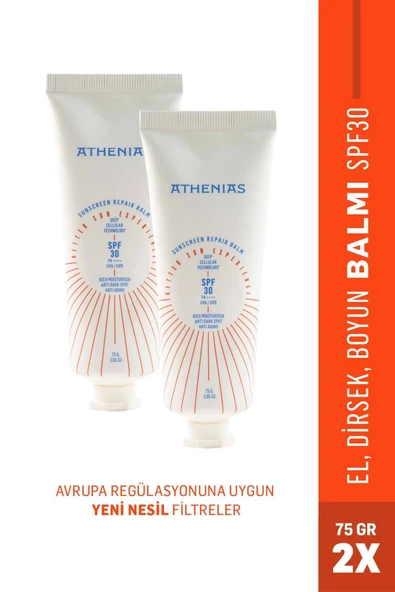 ATHENİAS Sunscreen Repair Balm SPF30+ Kuruluk Karşıtı Nem. El Boyun Dirsek Vücut Balmı 75grx2 Adet