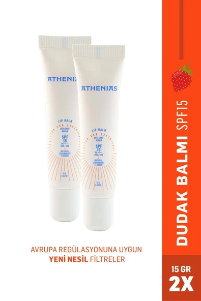 ATHENİAS Lip Balm Anti Chap SPF15 Organik Çilek Aromalı Dudak Bakımı Çatlak Karşıtı 15 gr x 2 Adet