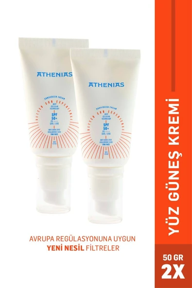 ATHENİAS Sunscreen Anti Dark Spot SPF50+ Tüm Cilt Tipleri Uva Uvb yüz güneş kremi 50 gr x 2 Adet