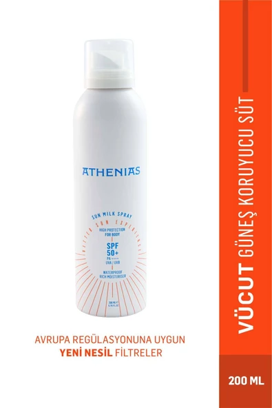 ATHENİAS Sun Milk Spray 200 ml Spf50+ Tüm Cilt Tipleri İçin UVA UVB Yüksek Korumalı Güneş Kremi