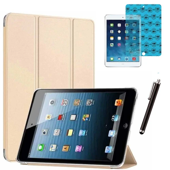 Apple iPad 5 ve 6 Nesil Uyumlu Smart Cover Tablet Kılıfı Ekran Koruyucu Kalem Set Gold