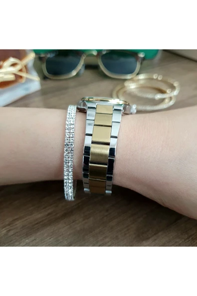 Gümüş-Gold Çelik Kordon,Yeşil,Su Geçirmez,Küçük,Taşlı Kadran, Klasik Kadın Kol Saati-1 - Resim 4