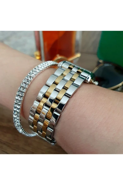 Gümüş-Gold Çelik Kordon,Yeşil,Su Geçirmez, Dikdörtgen, Klasik Kadın Kol Saati-4 - Resim 4