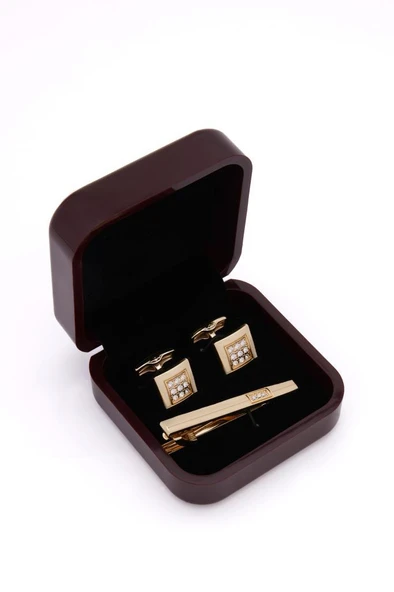 Brianze Premium Kutulu Gold Özel Tasarım Kol Düğmesi ve Kravat İğnesi Set