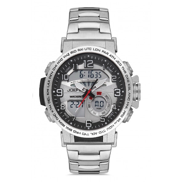 Joefox Çelik Kordonlu Alarmlı Dijital Analog Erkek Kol (Gümüş Renkli))