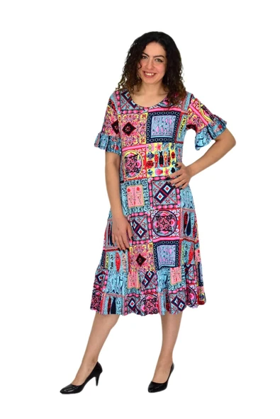 Kadın Kısa Kol Etek Valonlu Likralı Viskon Elbise BGL-ST04672 - Resim 6