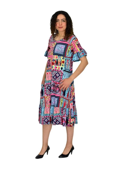 Kadın Kısa Kol Etek Valonlu Likralı Viskon Elbise BGL-ST04672 - Resim 3